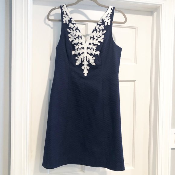 Lilly Pulitzer Coral Gabby Sleeveless Shift Dress True Navy White 4 NWT - Picture 2 of 15